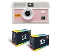 KODAK i60 - Appareil Photo Reutilisable 35mm, Style Retro, Sans Mise au Point, Flash Integre Pop-up - Blanc et Rose bebe + 2 Pellicules Couleur 24 Expositions Blanc