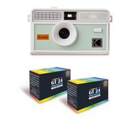 KODAK i60 - Appareil Photo Réutilisable 35mm, Style Rétro, Sans Mise au Point, Flash Intégré Pop-up - Blanc et Vert bourgeon + 2 Pellicules Couleur 24 Expositions