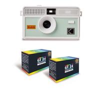 KODAK i60 - Appareil Photo Réutilisable 35mm, Style Rétro, sans Mise au Point, Flash Intégré Pop-up - Blanc et Vert Bourgeon + 2 Pellicules Couleur 24 Expositions