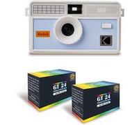 KODAK i60 - Appareil Photo Réutilisable 35mm, Style Rétro, Sans Mise au Point, Flash Intégré Pop-up - Blanc et Bleu bébé + 2 Pellicules Couleur 24 Expositions