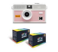 KODAK i60 - Appareil Photo Réutilisable 35mm, Style Rétro, Sans Mise au Point, Flash Intégré Pop-up - Blanc et Beige clair + 2 Pellicules Couleur 24 Expositions