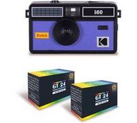 KODAK i60 - Appareil Photo Réutilisable 35mm, Style Rétro, Sans Mise au Point, Flash Intégré Pop-up - Noir et Bleu + 2 Pellicules Couleur 24 Expositions