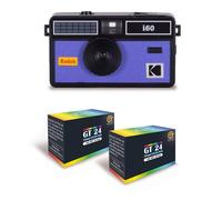 KODAK i60 - Appareil Photo Réutilisable 35mm, Style Rétro, Sans Mise au Point, Flash Intégré Pop-up - Noir et Bleu + 2 Pellicules Couleur 24 Expositions