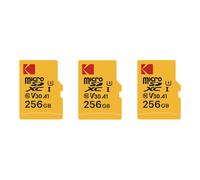 Pack de 3 KODAK Cartes Mémoire Micro SD - 256GB, Classe 10, Haute Performance, avec Adaptateur - Noir