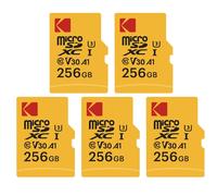 Pack de 5 KODAK Cartes Mémoire Micro SD - 256GB, Classe 10, Haute Performance, avec Adaptateur - Noir