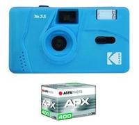 KODAK Pack M35 Argentique + Pellicule 100 ASA - Appareil Photo Kodak Rechargeable 35mm Cerulean Blue, Objectif Grand Angle Fixe, Viseur optique , Flash Intégré + Pellicule APX 100, 36 poses
