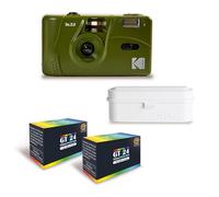 KODAK M35 - Appareil Photo Rechargeable 35mm, Objectif Grand Angle Fixe, Viseur Optique, Flash Intégré - Vert Olive + 2 Pellicules GT24 Couleur compatible 24 Expositions + Films case Blanc
