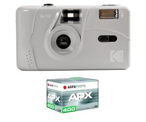 KODAK Pack M35 Argentique + Pellicule 100 ASA - Appareil Photo Kodak Rechargeable 35mm Marbre Grey, Objectif Grand Angle Fixe, Viseur optique , Flash Intégré + Pellicule APX 100, 36 poses