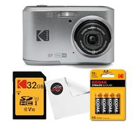 Kodak PIXPRO FZ45 Appareil photo numérique (argent) en pack avec carte mémoire SDHC de 32 Go Classe 10, piles AA Xtralife Kodak (pack de 4) et chiffon pour objectif Clikoze