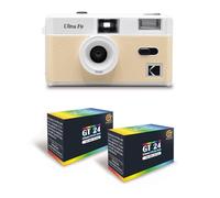 KODAK Ultra F9 - Appareil Photo Argentique Réutilisable 35mm, Objectif Fixe 31mm F/9, Flash Intégré, Chargement Facile, Rembobinage Manuel - Beige + 2 Pellicules Couleur 24 Expositions