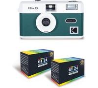 KODAK Ultra F9 - Appareil Photo Argentique Réutilisable 35mm, Objectif Fixe 31mm F/9, Flash Intégré, Chargement Facile, Rembobinage Manuel - Vert nuit + 2 Pellicules Couleur 24 Expositions