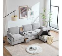 KoDise Canapé en velours côtelé gris clair avec tiroirs de rangement et pouf de rangement amovible，accoudoir central amovible