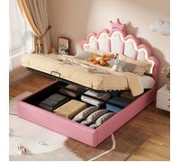 KoDise Lit coffre 140x200 cm Lit enfant Lit rembourré - pu - avec éclairage LED réglable - tête de lit couronne - rose