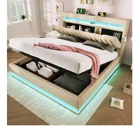 KoDise Lit coffre 180x200 cm, lit double avec port USB et éclairage LED, tête de lit coffre - lin beige - sans matelas