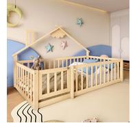KoDise Lit enfant 90x190 cm Lit en bois avec barrières de sécurité et sommier à lattes - pin - naturel - sans matelas