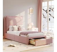 KoDise Lit enfant 90x200 cm, lit ado, lit simple avec tête de lit rembourrée et 1 tiroir de rangement - chenille rose