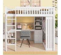 KoDise Lit mezzanine 140x200 cm Lit adulte Lit ado - pin - avec bureau et penderie - 3 tiroirs - blanc