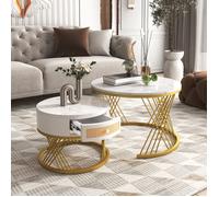 KoDise Lot de 2 table basse - sticker blanc aspect marbre - avec 1 tiroir de rangement - pieds en fer doré