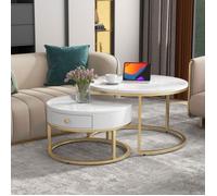 KoDise Lot de 2 tables basses rondes gigognes - sticker aspect marbre - avec 1 tiroir - cadre doré - blanc