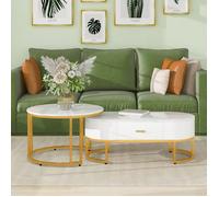 KoDise Lot de 2 tables basses - sticker aspect marbre - avec 1 tiroir - structure en métal - pour salon et bureau