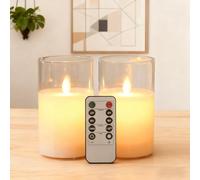 Koelaa Lot de 2 Bougies LED avec Télécommande et Verre - Sans Flamme Piles, Flamme Vacillante Réaliste Lumière Chaude, Déco Noël Mariage Maison (Blanc, 7,5x12,5 cm)