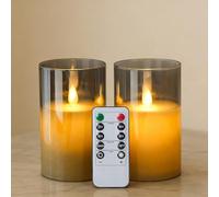 Koelaa Lot de 2 Bougies LED avec Télécommande et Verre - Sans Flamme Piles, Flamme Vacillante Réaliste Lumière Chaude, Déco Noël Mariage Maison (Gris, 7,5x15 cm)