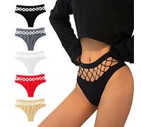 KOEMCY 5 Pièces String pour Femme Sexy Mesh Culottes T Back String Culotte sans Couture Taille Haute Tangas Slips (L)