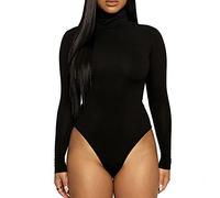 KOEMCY Body à Manches Longues Femmes Col Haut Bodysuit Lingerie Élégante Combinaison Sexy Slim Jumpsuit Top Casual Confortable Bodysuit (Noir,L)