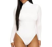KOEMCY Body à Manches Longues Femmes Col Haut Bodysuit Lingerie Élégante Combinaison Sexy Slim Jumpsuit Top Casual Confortable Bodysuit (Blanc,S)