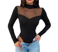 KOEMCY Body à Manches Longues Femmes Sexy Maille Basse Bodysuit Slim Body Léotard Jumpsuit Combishort Casual Top Couleur Unie Justaucorps (Noir,L)