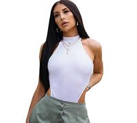 KOEMCY Body Femme Sexy Bodysuit Turtle Neck Jumpsuit Combinaisons Couleur Unie Justaucorps Bodys Combishort Corset Lingerie Moulant Top Haut Shirt (Blanc,L)