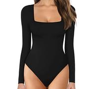 KOEMCY Body Femme Sexy Manches Longues Playsuit Top Bodysuit Jumpsuit Slim Unicolore Col Square Moulant Top Haut Shirt Combishort Casual (Noir, L)