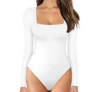 KOEMCY Body Femme Sexy Manches Longues Playsuit Top Bodysuit Jumpsuit Slim Unicolore Col Square Moulant Top Haut Shirt Combishort Casual (Blanc, S)