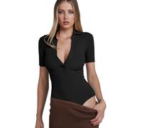 KOEMCY Body Manche Courte Femme Bodysuit Col V Profond Côtelé Bodys Moulant Manches Courtes Top Élégant Shapewear Gainant pour Silhouette Affinée