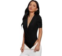 KOEMCY Body Manche Courte Femme Bodysuit Croisé Profond Col V Bodys Moulant Élégant String Top Gainant Sculptant Shaper pour Soirée Bureau Quotidien