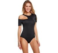 KOEMCY Body Manche Courte Femme Épaule Asymétrique Bodysuit Élégant Moulant Top Gainant Shapewear Confortable Bodys chic pour Tenue Quotidienne Soirée Fête(Noir/XL)