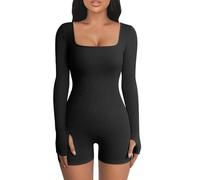 KOEMCY Combinaison Femme à Manches Longues Moulant Combishorts Col Carré Sexy Jumpsuit Courte Une Pièce de Sports Couleur Unie Bodycon Décontractée Justaucorps Leotard Romper Yoga Fitness (Noir M)