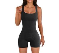 KOEMCY Combinaison Femme Court Combishort Ete sans Manches Moulant Côtelé Une Pièce Combinaison de Yoga Col Carré Jumpsuits Sport Décontracté Jumpsuits (Noir, L)
