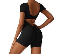 KOEMCY Combinaison Femme Été Combishort Moulant Dos Ouvert Ensemble Sport chic Col Rond Manches Courtes Body Stretch Rompers Short Élégant pour Soirée