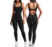 KOEMCY Combinaison Femme Longue Sans Manches Pantalon de Yoga Combinaison Ete Étroite Sport Romper Une PièceJumpsuit Combinaison de Couleur Unie Pour Fitness Yoga (Noir S)