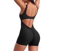 KOEMCY Combinaison Femme Moulante Sans Col Carré Romper Combinaison Ete Courte Étroite Sport Romper Une PièceJumpsuit Combinaison de Couleur Unie Pour Fitness Yoga (Noir S)