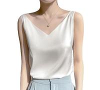 KOEMCY Debardeur Femme Col V Décontracté Satin sans Manches Ete Basiqu Haut Élégant Casual Chemise Cami Blouse Tank Top Camisole (Blanc,XL)