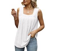 KOEMCY Debardeur Femme Tank Top Broderie Anglaise Col Carré Tops sans Manche Haut Chic Élégant Vetement Ete Caraco Fluide Coton Respirant