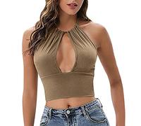 KOEMCY Debardeur Femme Tank Top Halter Côtelé Tops sans Manche Haut Chic Crop Top Vetement Ete Cami Plissé Élégant Tshirt Coton Haut Tendance