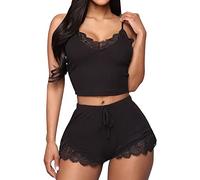 KOEMCY Ensemble de Pyjama Femmes Nuisette Sexy Profond V sans Manches en Dentelle Camisole Vêtements de Nuit Shorts Sets Crop Top (Noir,S)