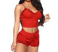 KOEMCY Ensemble de Pyjama Femmes Nuisette Sexy Profond V sans Manches en Dentelle Camisole Vêtements de Nuit Shorts Sets Crop Top (Rouge,L)