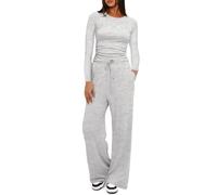 KOEMCY Ensemble Femme 2 Pièces Tenue Survêtement Chic Elegant Sweat à Manche Longue Pantalon avec Poches Casual Outfit Yoga Fitness Jogging Tracksuit Set (Gris clair/L)