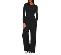 KOEMCY Ensemble Femme 2 Pièces Tenue Survêtement Chic Elegant Sweat à Manche Longue Pantalon avec Poches Casual Outfit Yoga Fitness Jogging Tracksuit Set (Noir/XL)