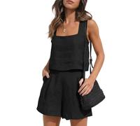 KOEMCY Ensemble Femme En Lin Chic et Elegant 2 Pièces Suit Sans Manches Col Carré Gilet Haut et Shorts Avec Poches Taille Haute Ete Décontracté Vetement Sport Tenue(S)