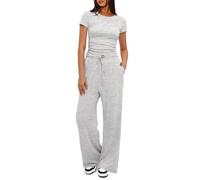 KOEMCY Ensemble Femmes Élégant Deux Pièces Été Décontracté Slim Fit Short Sleeve Top et Cordon Pantalon avec Poches Survêtement Suit Loungewear Set Casual Outfit (Gris Clair,M)